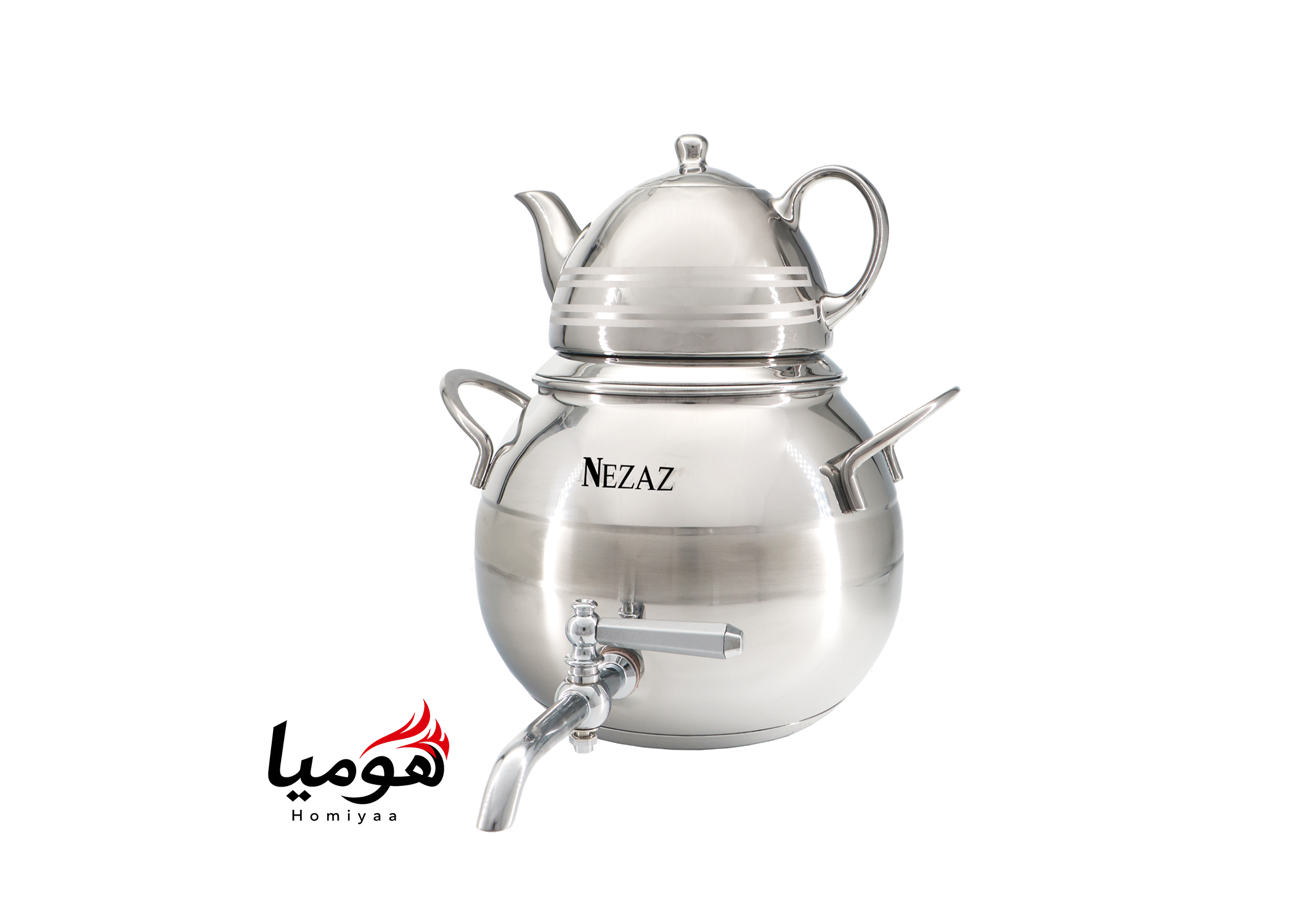 کتری و قوری نزاز خمره ای استیل 4.5 لیتر تمام کروم کد 1700 کف چدن هومیا