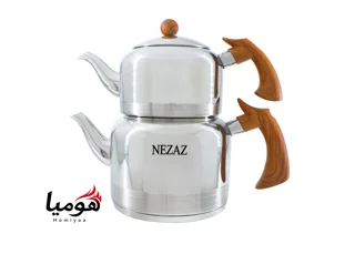 کتری و قوری نزاز لوله دار استیل 2.5 لیتر دسته چوبی کد 2307 کف چدن هومیا