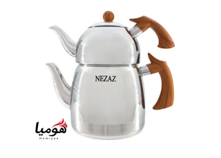 کتری و قوری نزاز هرمی استیل 2.5 لیتر دسته چوبی کد 2308 کف چدن هومیا