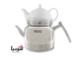 کتری و قوری نزاز لوله دار استیل 2.5 لیتر دسته استیل کد 2400 کف چدن با قوری چینی هومیا