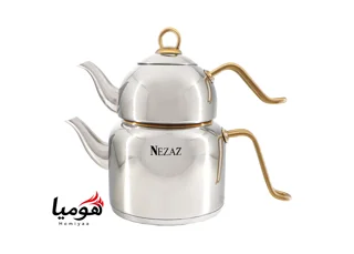 کتری و قوری نزاز لوله دار استیل 2.5 لیتر دسته طلایی کد 2401 کف چدن هومیا