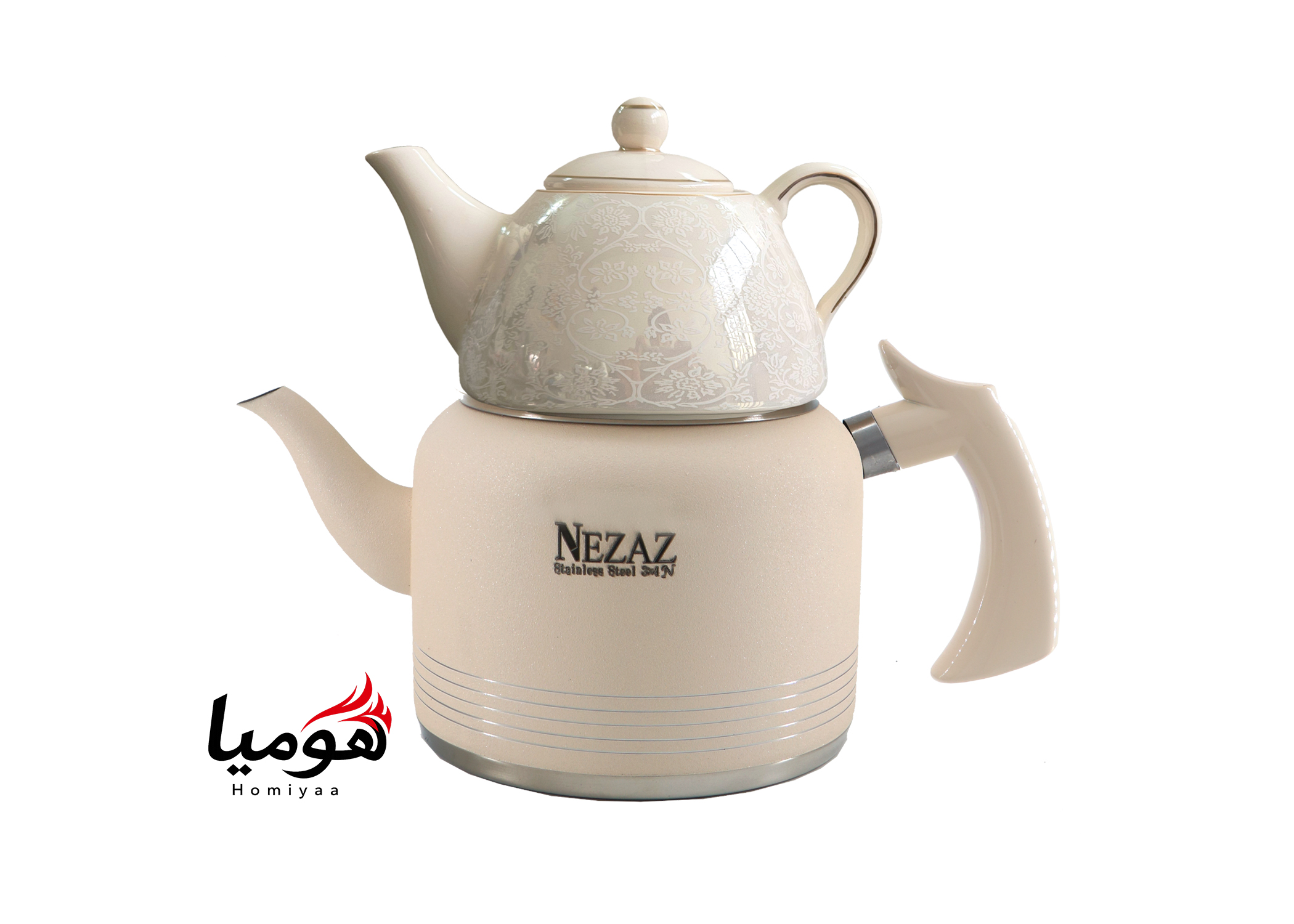 کتری و قوری نزاز لوله دار استیل 2.5 لیتر کد 2406 کف چدن در رنگهای مختلف با قوری چینی هومیا