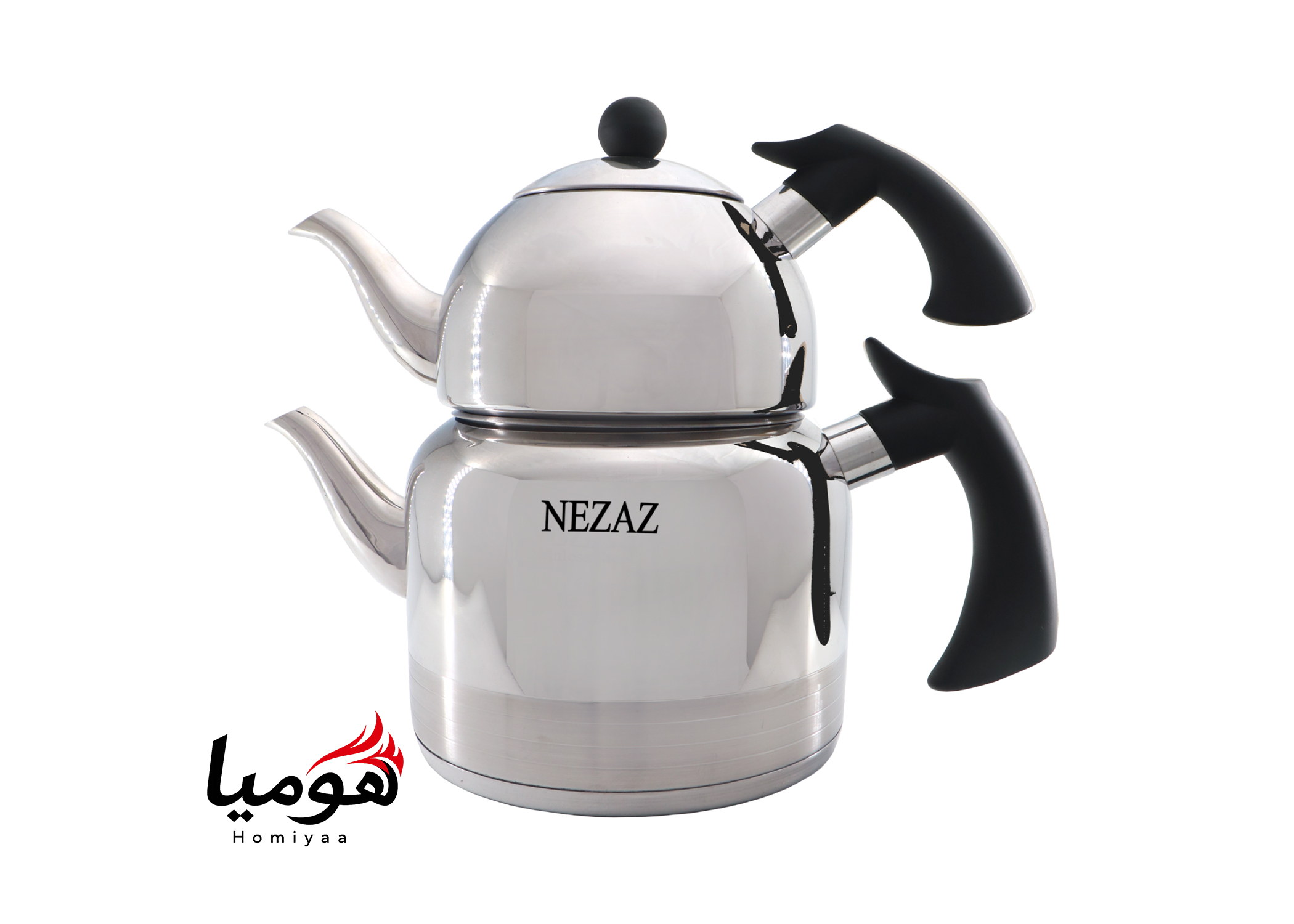 کتری و قوری نزاز استیل 2.5 لیتر کد 2410 کف چدن با قوری استیل دسته باکالیت در رنگ های مختلف هومیا