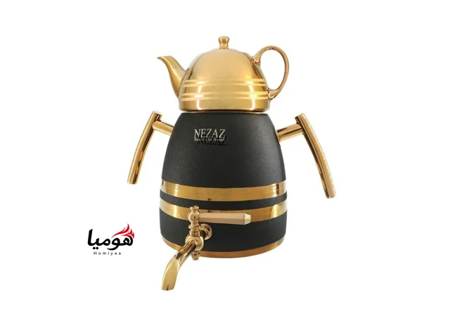 کتری قوری 6 لیتر هرمی مشکی 4014 با دسته طلایی و قوری طلایی نزاز