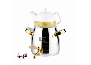 کتری قوری شیر دار استیل و طلایی با قوری چینی کی اس تی مدل 3080SG