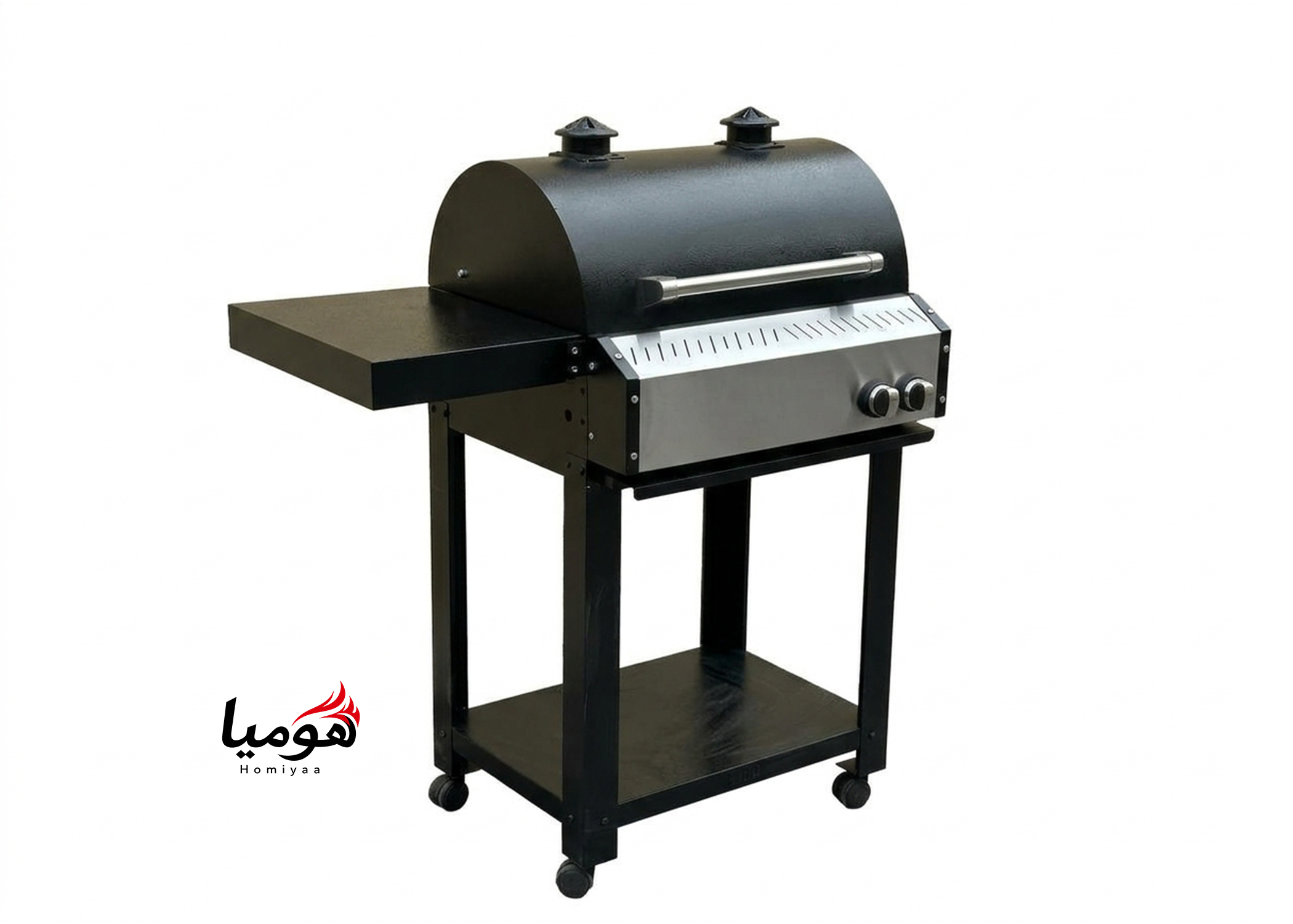 باربیکیو محفظه استیل 60 سانتی لوله و محفظه استیل درب دوجداره گریل دار رویه چدن کباب پز منقل گازی