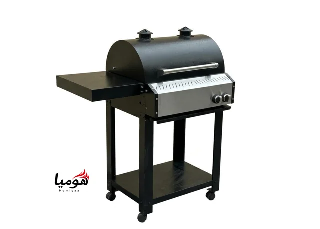 باربیکیو محفظه استیل 60 سانتی لوله و محفظه استیل درب دوجداره گریل دار رویه چدن کباب پز منقل گازی