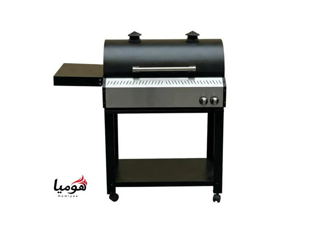 باربیکیو محفظه استیل 80 سانتی لوله و محفظه استیل درب دوجداره گریل دار رویه چدن کباب پز منقل گازی